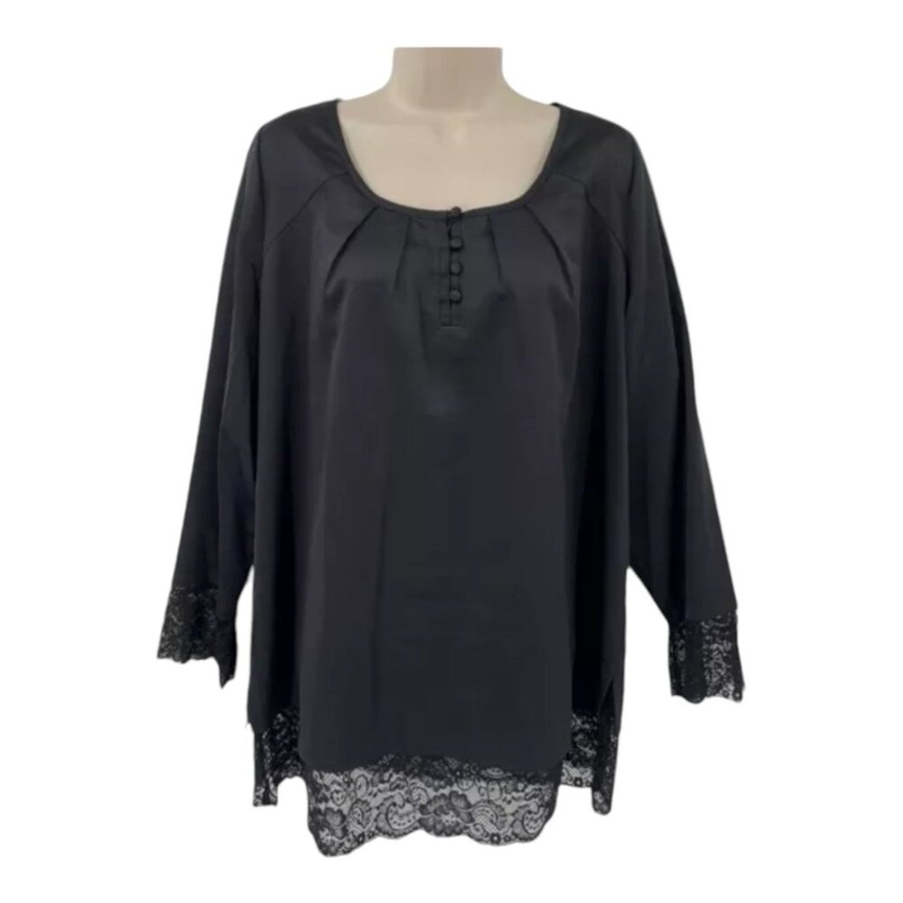 Isaac Mizrahi QVC Black Lace Trim Long Sleeve Silky Satin Gotcore Top Size 18W